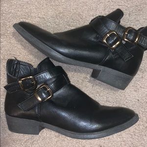 mossimo black short booties with gold buckles